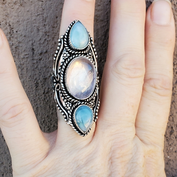New Rose Quartz & Larimar 925 Silver Statement Ring. - Picture 10 of 15